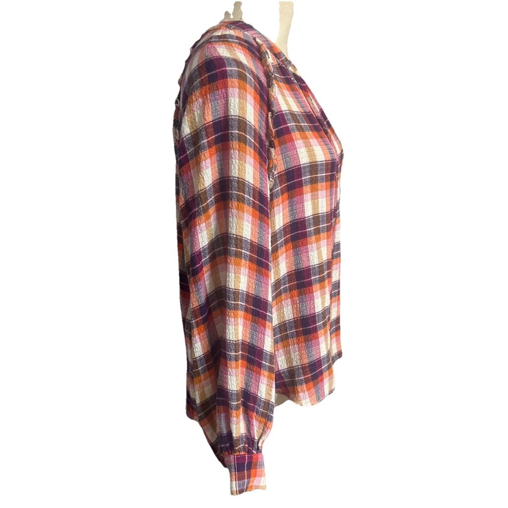 Anthropologie Pilcro Sz S Breezy Button Down Blouse Ruffle Plaid Boho Cottage - Picture 6 of 12